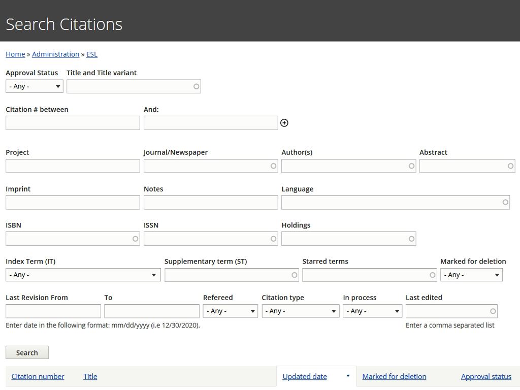 Robust Citation Search Filter Page