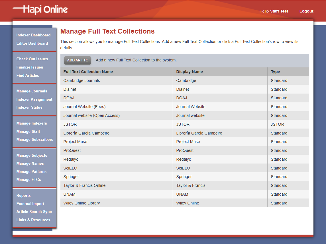 Full Text Collection Admin Page