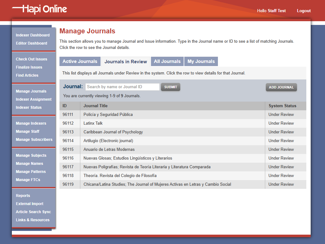 Manage Journals Admin Interface Page