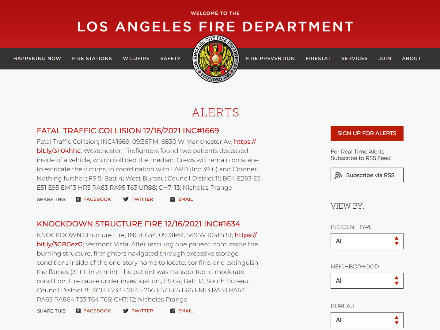 Los Angeles Fire Department Alerts Page