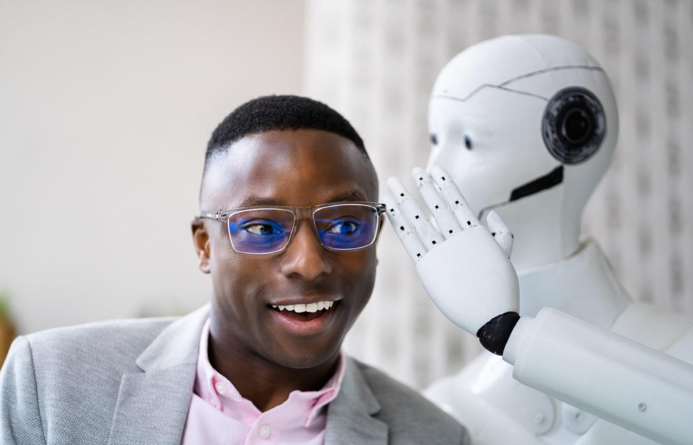 AI robot whispering to a business colleague