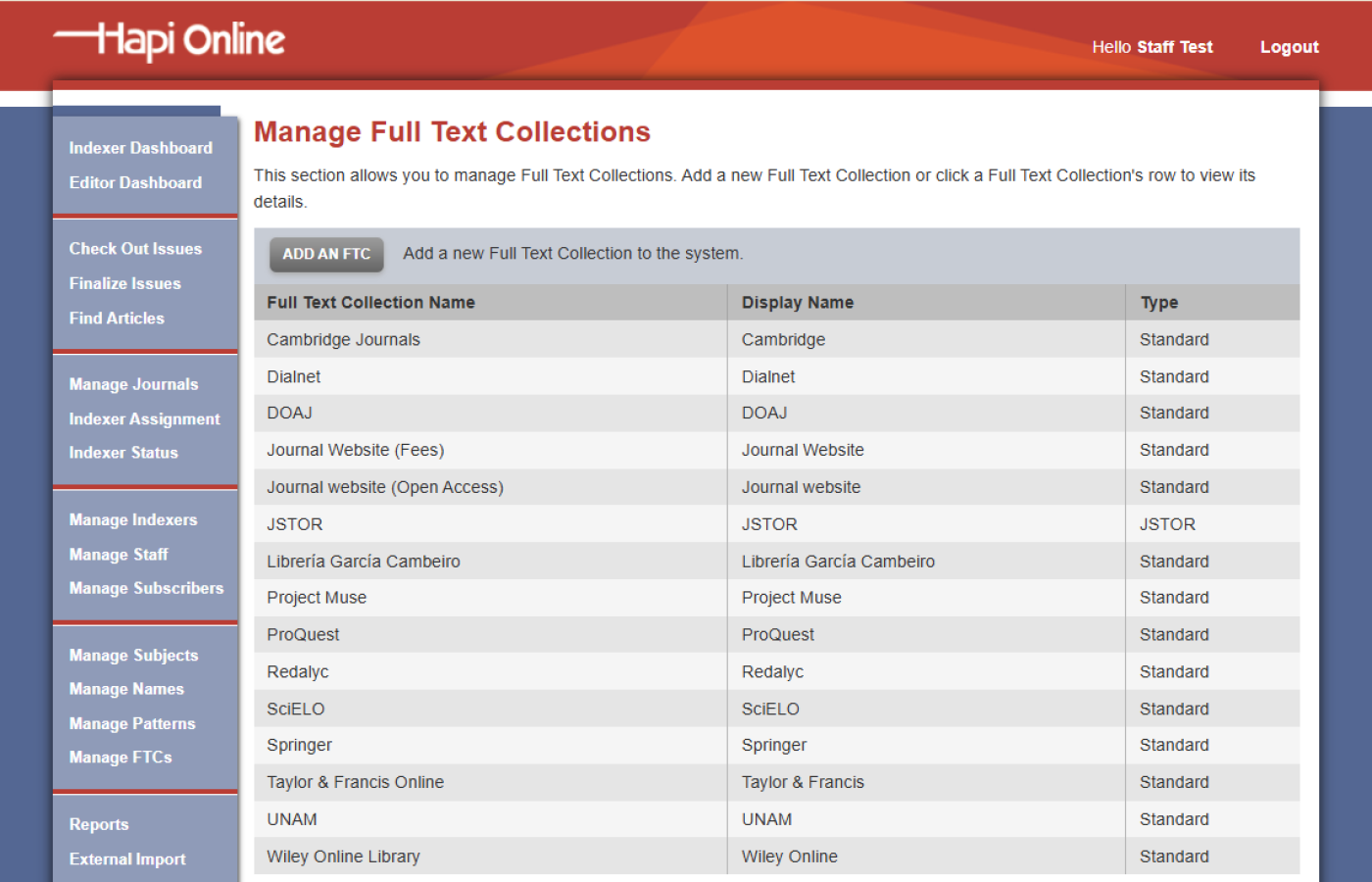 Full Text Collection Admin Page