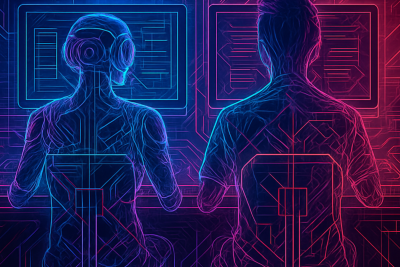 Depiction of AI and human working together side by side to program software