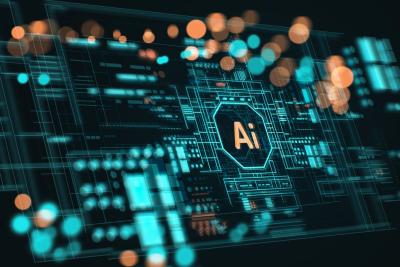 Futuristic digital interface showcasing artificial intelligence (AI) technology, data visualization, and high-tech network systems in glowing blue and orange tones.