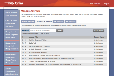 Manage Journals Admin Interface Page