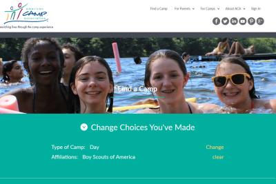 American Camp Association's Find a Camp Search Results Page